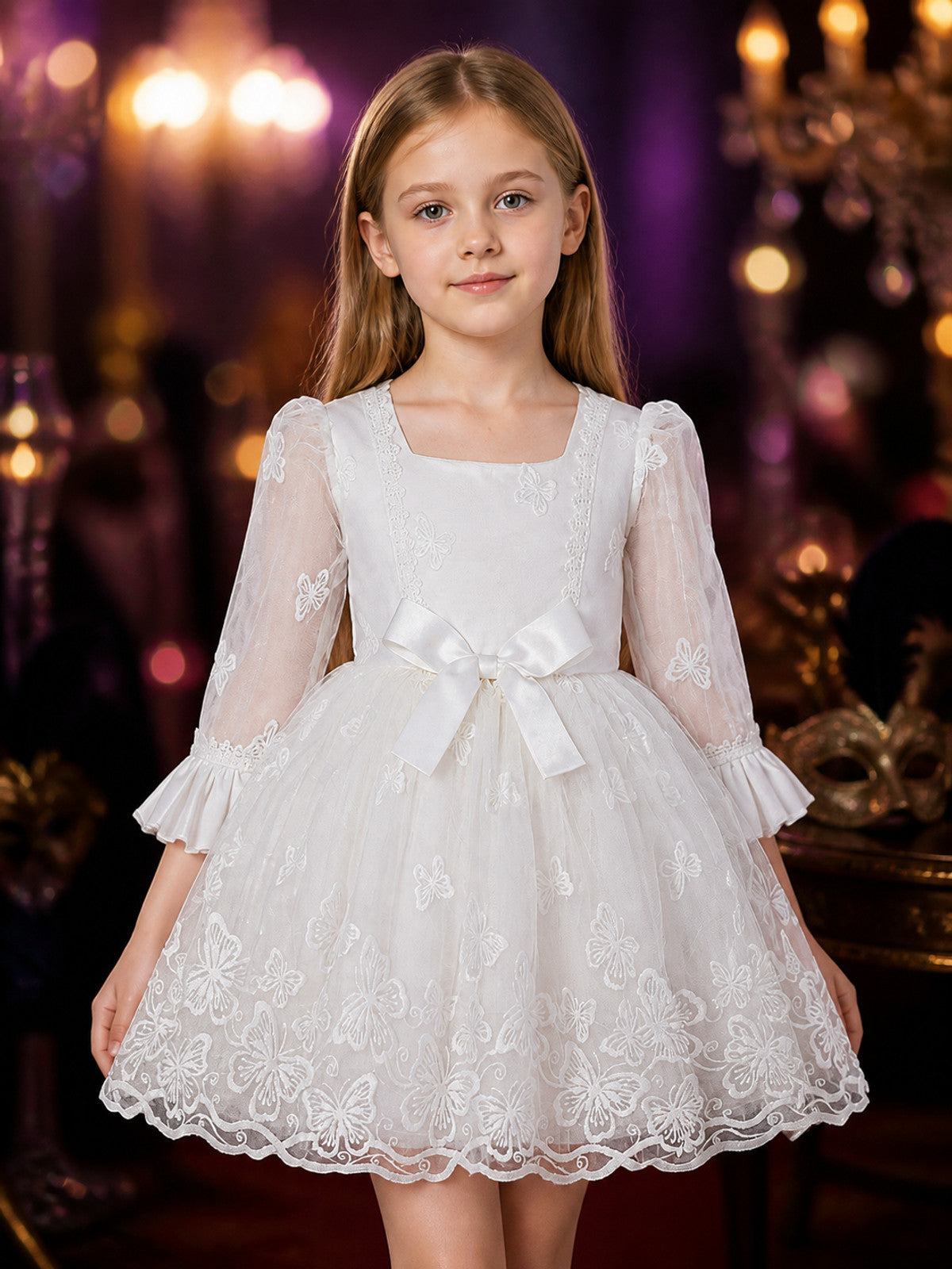 Toddler Girls' Princess Dress, Long Sleeve Lace Tutu Gown With Butterfly on-model view