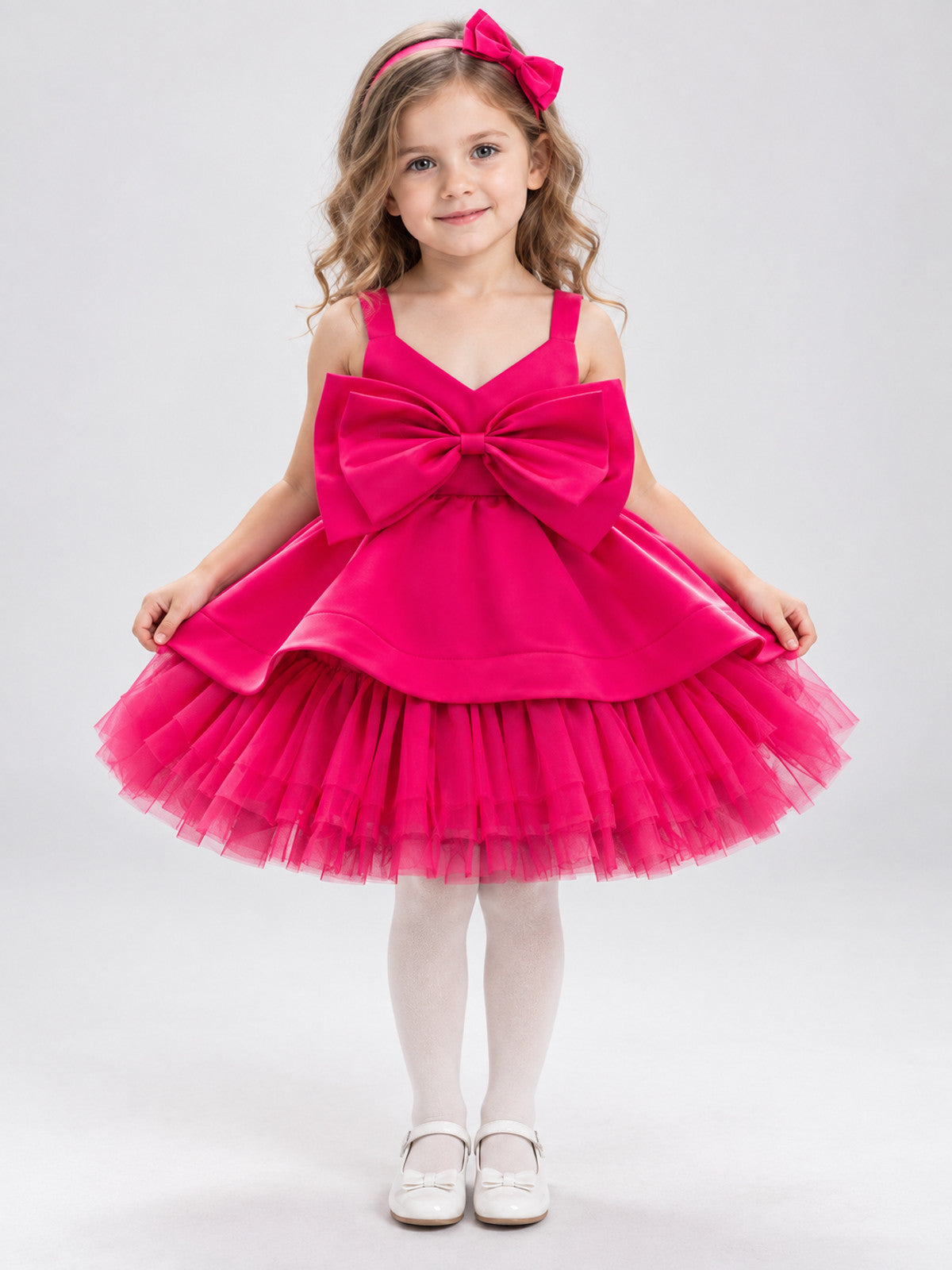 Girls' Festive Dress Bright Pink with Bow