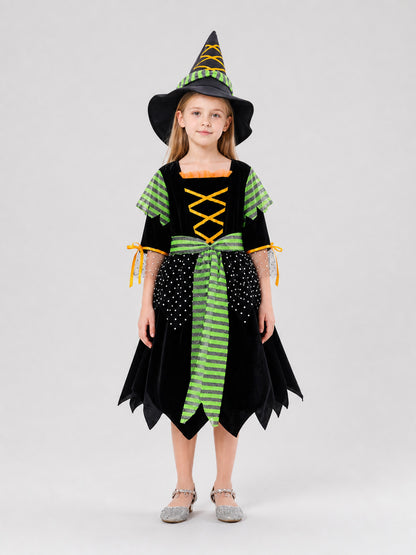Witch Costume with Pointed Hat and Striped Dress on-model view