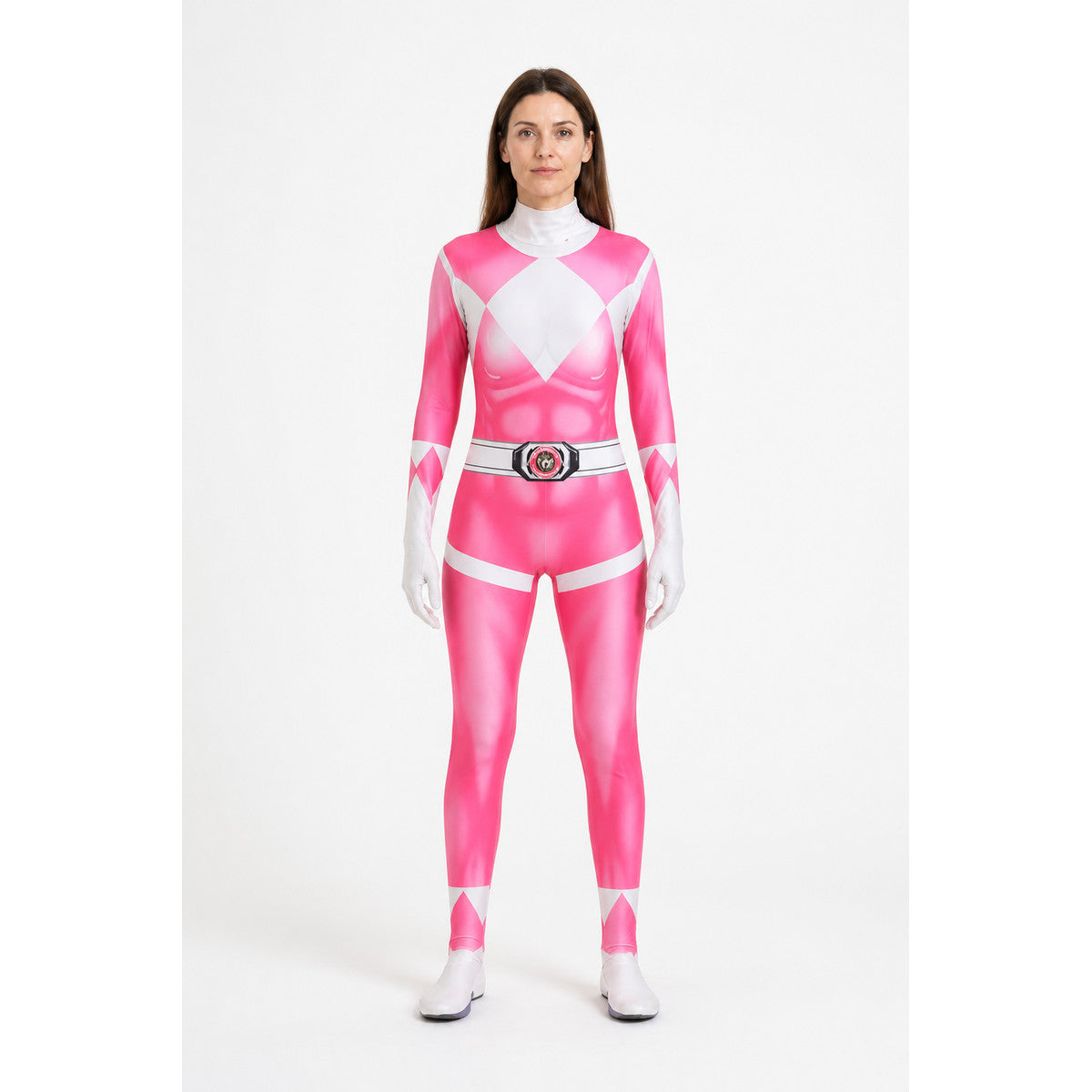 Superhero bodysuit with mask and white-and-pink diamond main product view