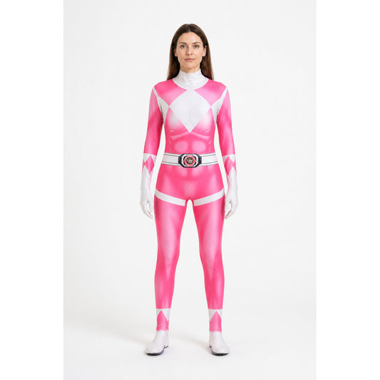 Superhero bodysuit with mask and white-and-pink diamond main product view