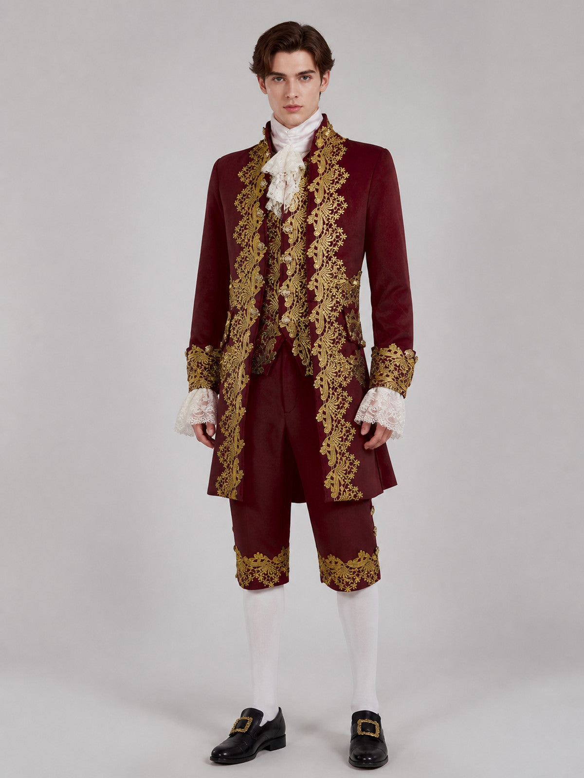 Burgundy Cosplay Costume with Gold-Tone Floral Embroidery on-model view