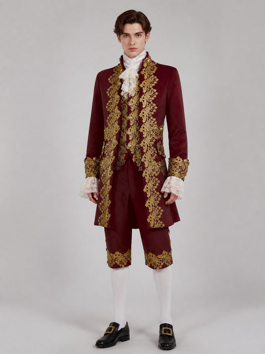 Burgundy Cosplay Costume with Gold-Tone Floral Embroidery on-model view
