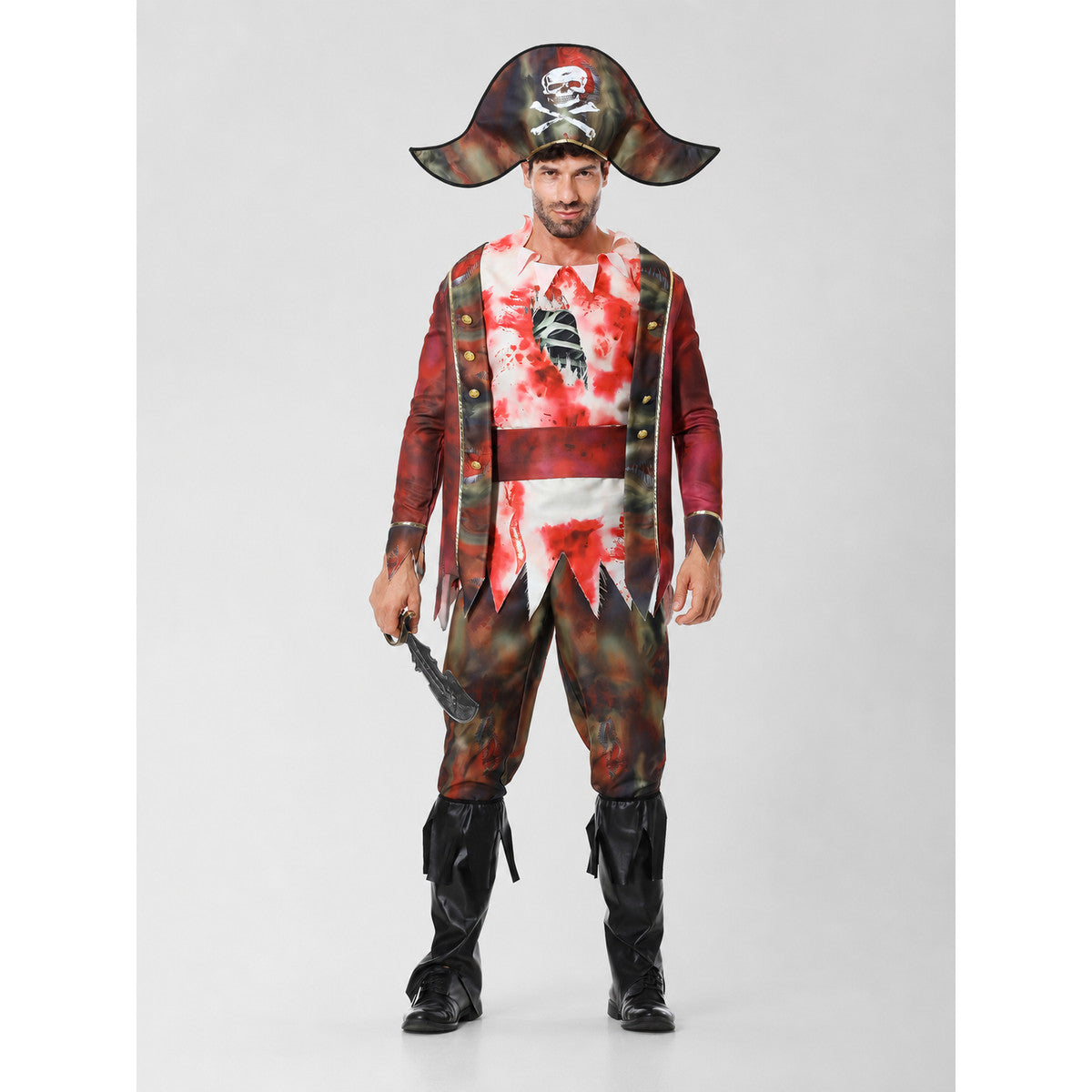 The set features a pirate-style design and includes a one-piece costume with long sleeves and pants, a wide-brim pirate hat, and a black curved blade-shaped accessory. The design combines brown, white, red, and black colors. The front featu