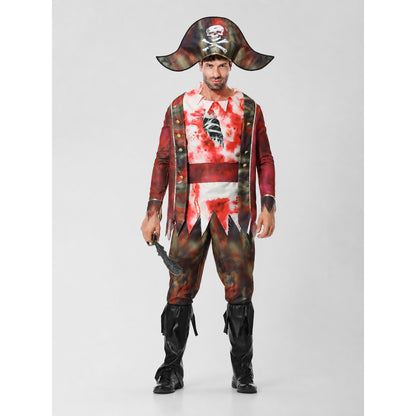 The set features a pirate-style design and includes a one-piece costume with long sleeves and pants, a wide-brim pirate hat, and a black curved blade-shaped accessory. The design combines brown, white, red, and black colors. The front featu
