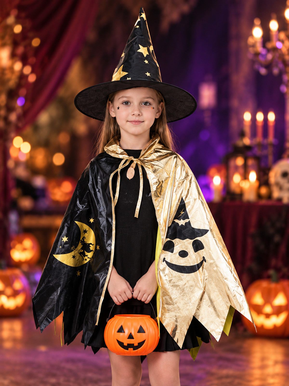 Kids' witch carnival costume with cape and hat