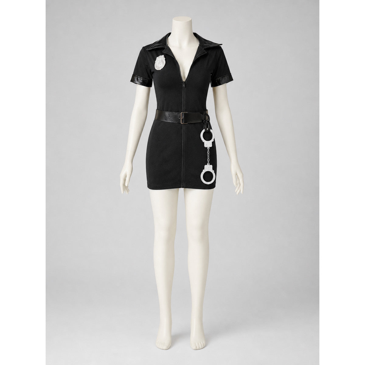Black Police Costume with Collar, Zipper, and Belt front view