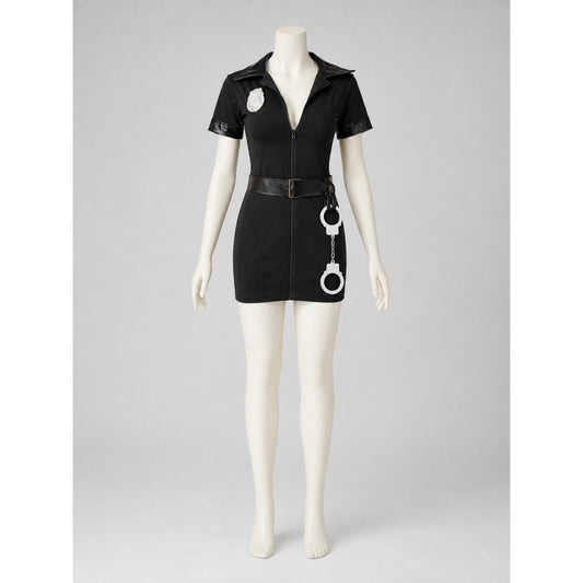 Black Police Costume with Collar, Zipper, and Belt front view