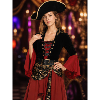 Pirate Costume with Gold Skull and Wine-Colored Skirt on-model view