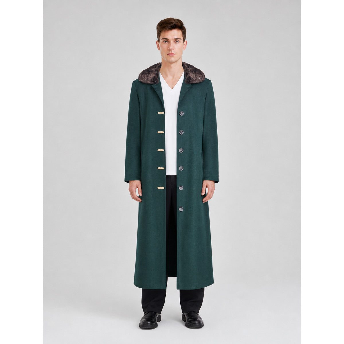 Green Long Coat with Fur Collar for Cosplay