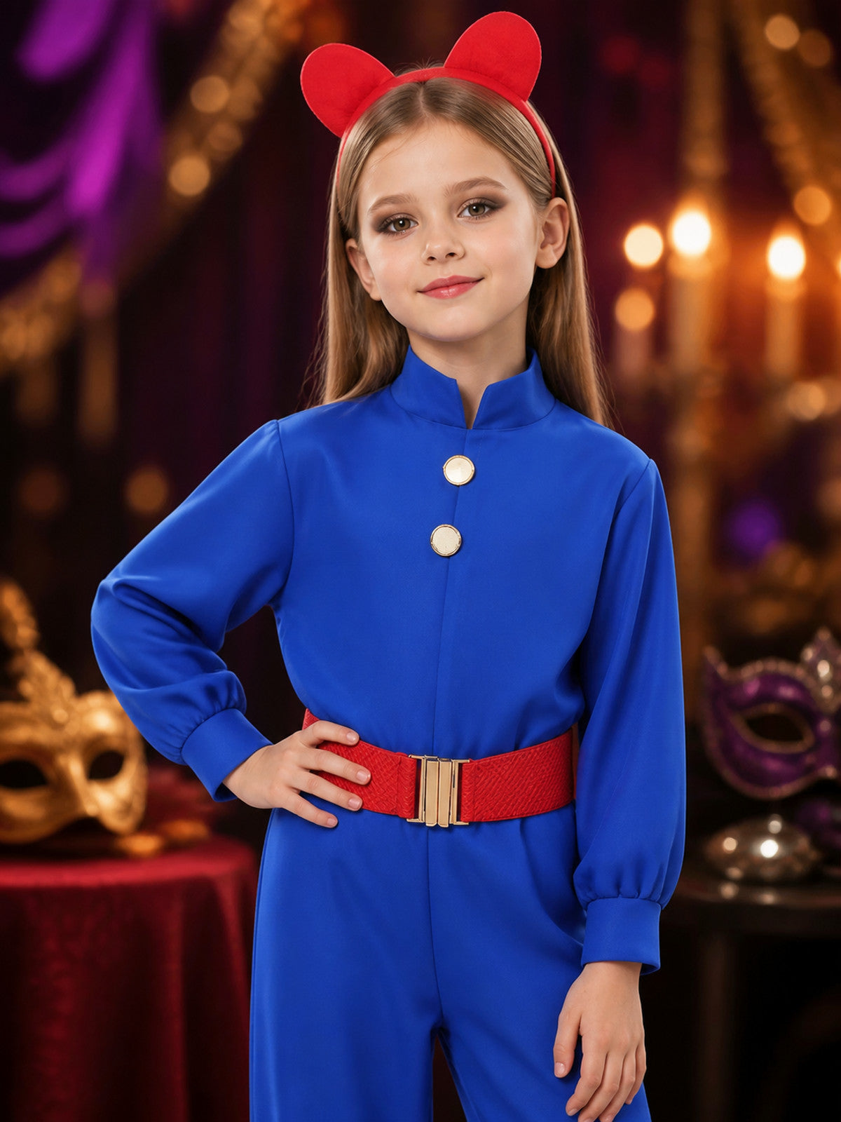 Kids Willy Wonka Blue Jumpsuit Costume Set with Red Ears Headband & Belt