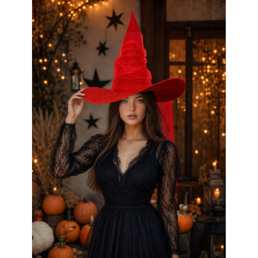 Red Halloween Witch Hat Tall Pointed Cone Wide Curved Brim Sheer Layered Glitter Speckled Costume Accessory for Parties and Photography