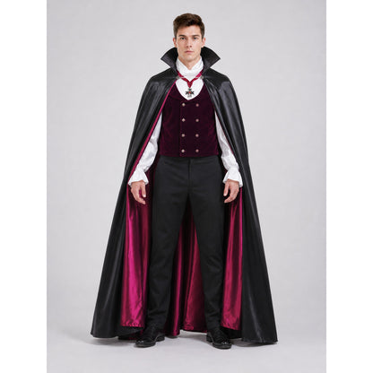 Gothic vampire count costume front view with black cape, burgundy vest, white ruffled shirt and black pants