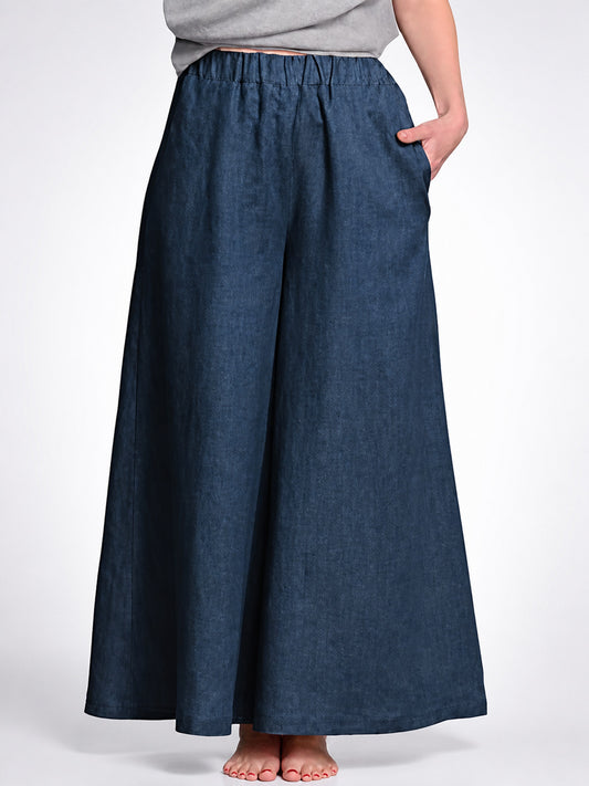 Dark blue wide leg pants with an elastic waistband and side pocket, shown in a close front view on a model