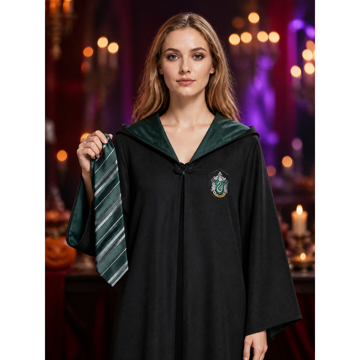 Wizard Robe Costume Set with Striped Tie, Long Black and Green Halloween Cosplay on-model view