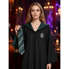 Wizard Robe Costume Set with Striped Tie, Long Black and Green Halloween Cosplay