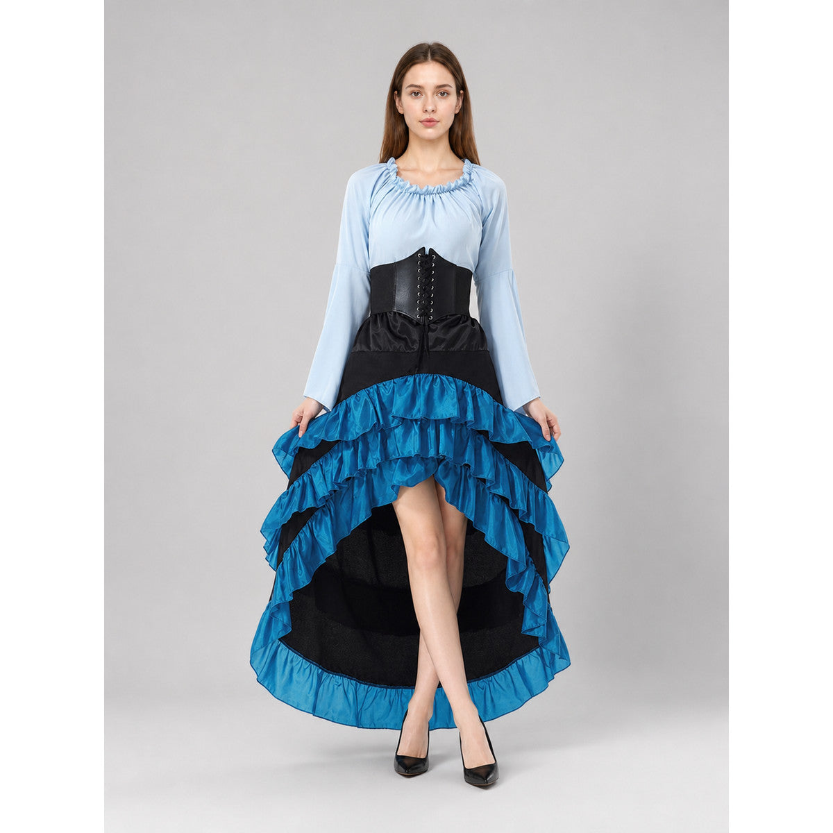 Gothic Corset Dress with Ruffles and Train on-model view