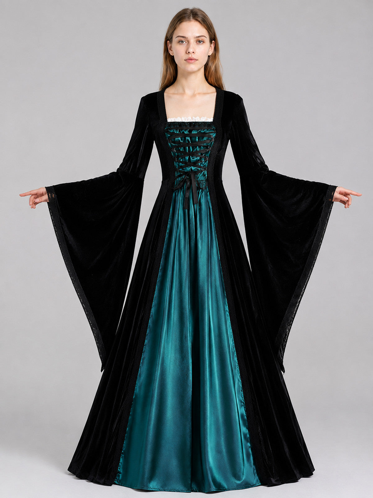 Black and Turquoise Medieval Dress with Lacing on-model view