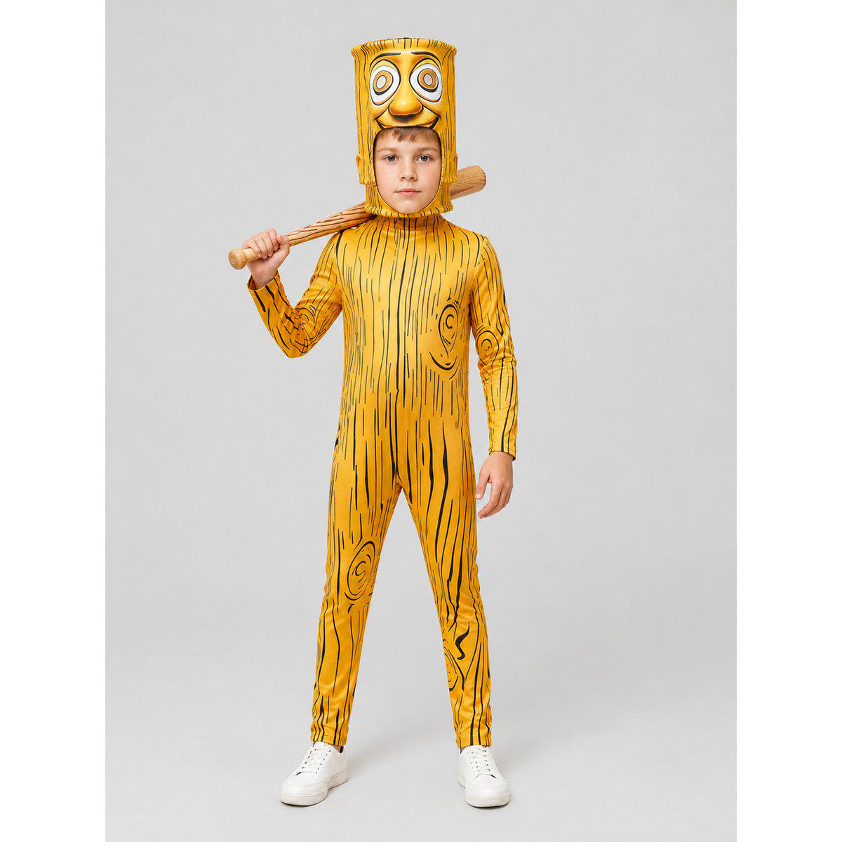 Orange jumpsuit with a stick-shaped mask on-model view