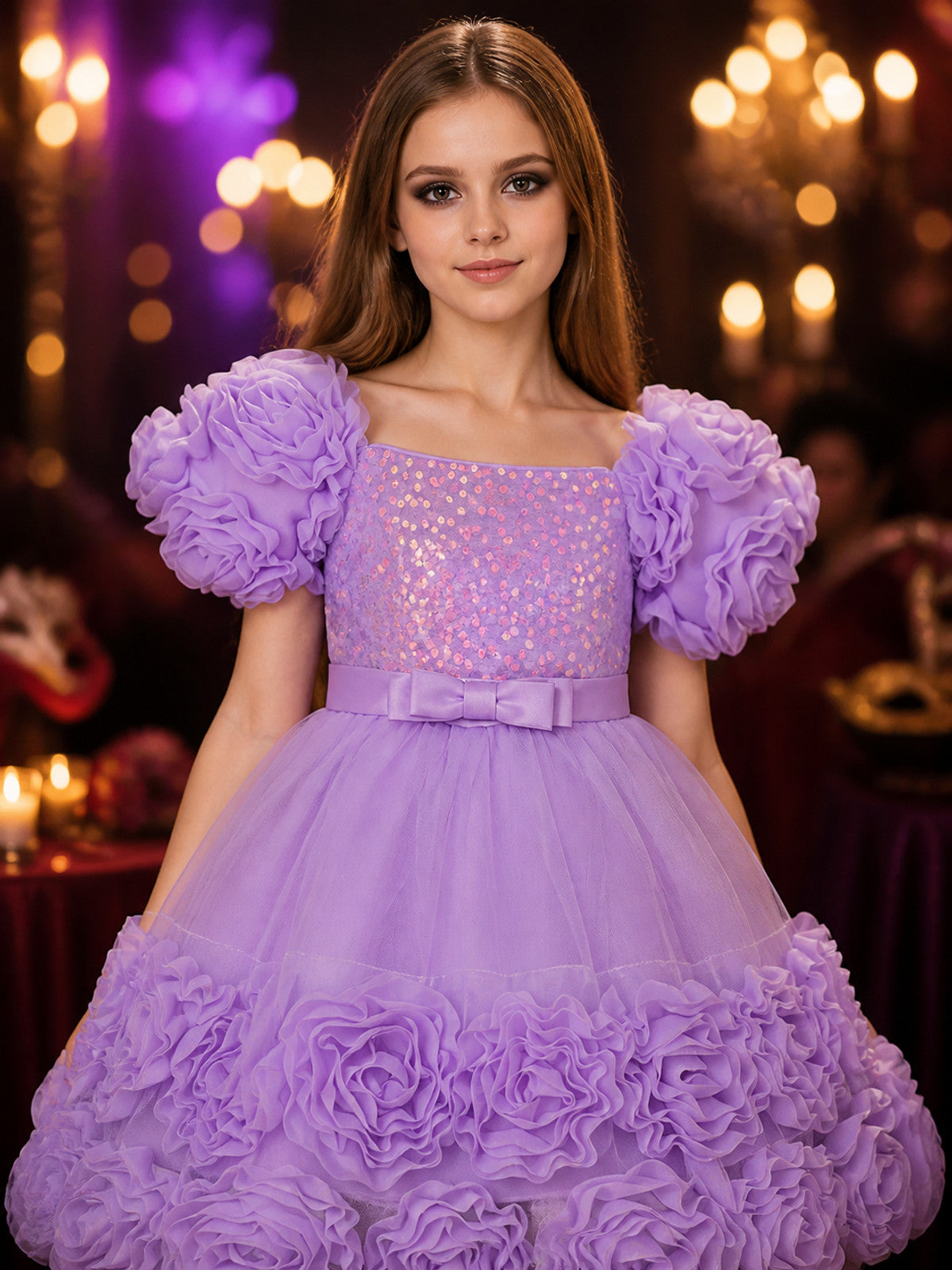 Toddler Girls' Purple Sequined Princess Dress with Puff Sleeves and Layered on-model view