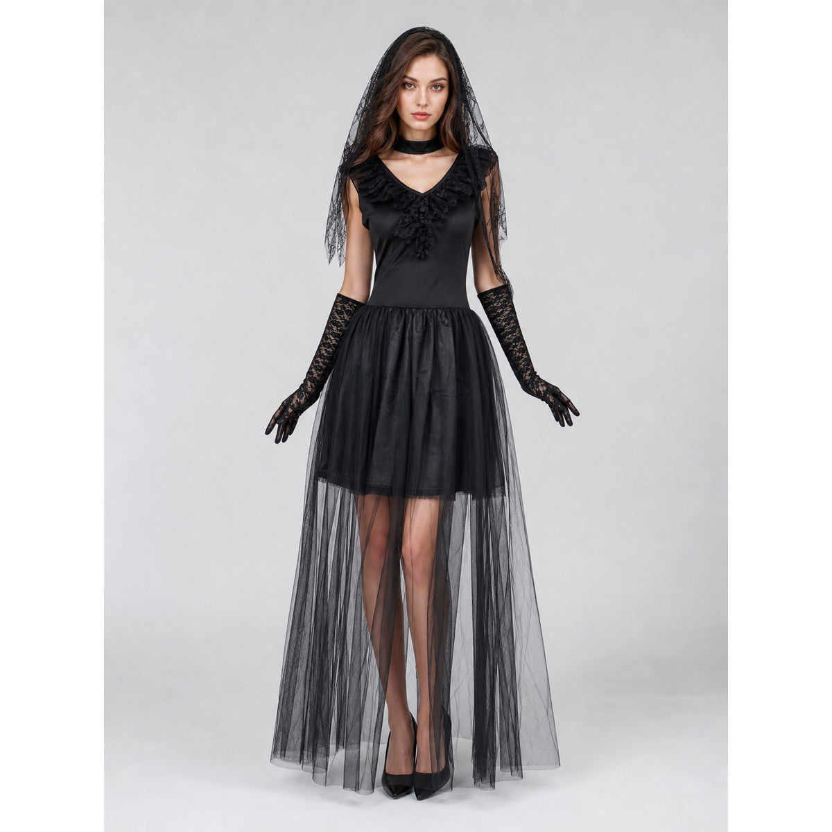 Gothic Dress with Veil and Long Gloves
