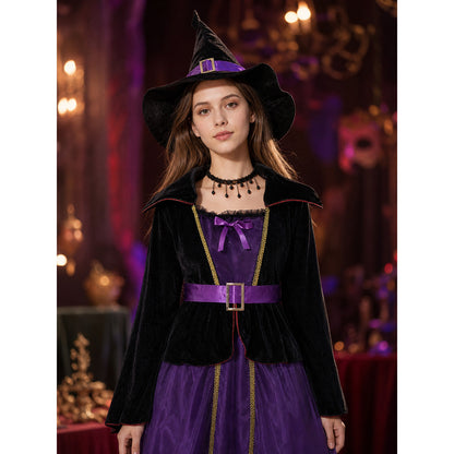 Girls Black Purple Witch Costume Set With Hat, Belt & Necklace For Halloween on-model view