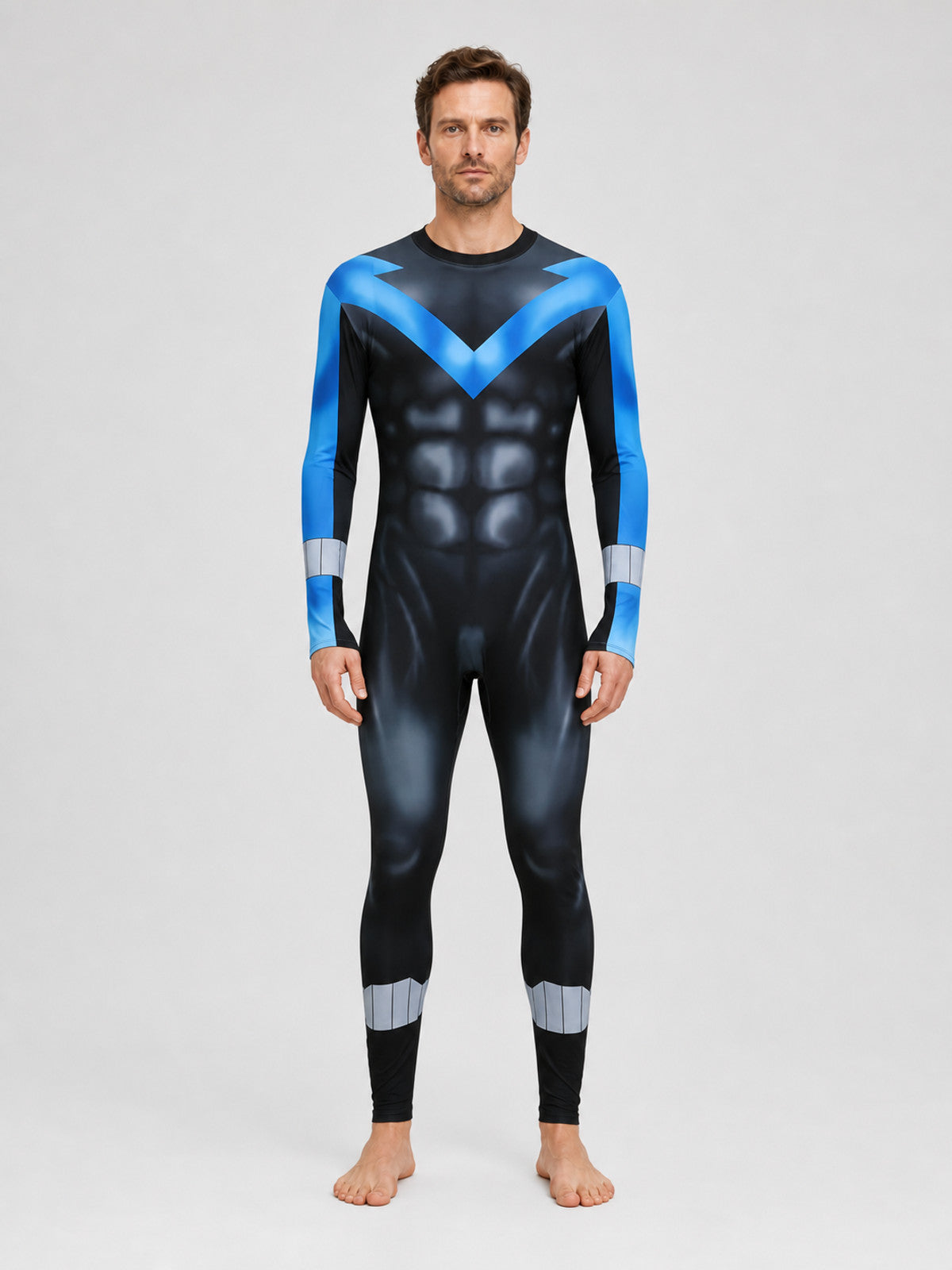Nightwing Costume, One-Piece Jumpsuit with Muscle Print on-model view