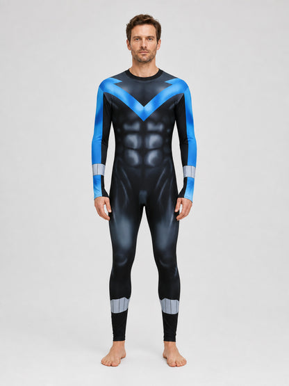 Nightwing Costume, One-Piece Jumpsuit with Muscle Print on-model view