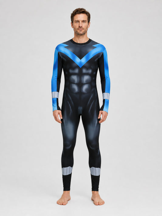 Model wearing the Nightwing-style black one-piece jumpsuit with blue V chest emblem, blue sleeves, muscle print and gray wrist and ankle bands, front view