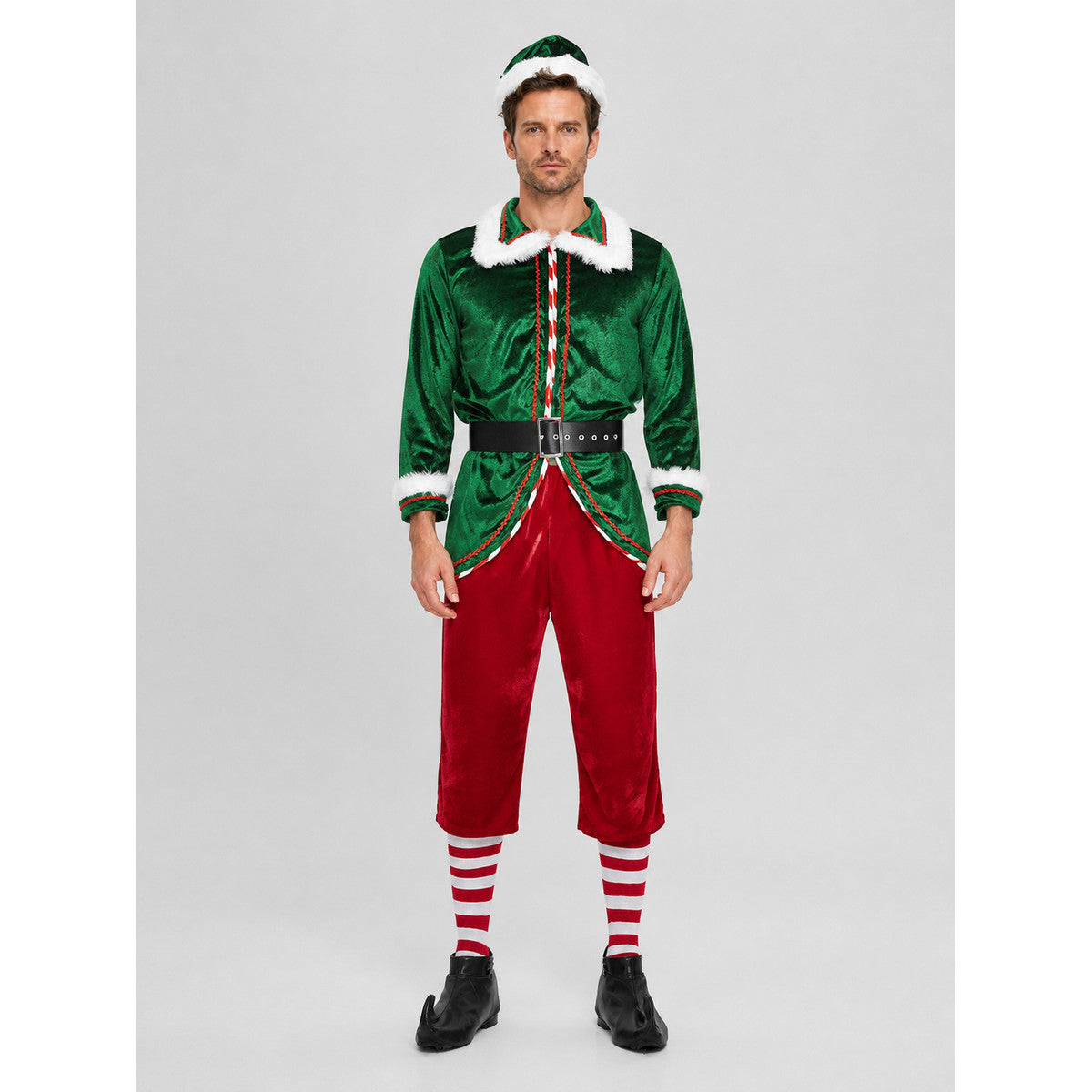 Christmas Elf Costume with White Fur Trim on-model view