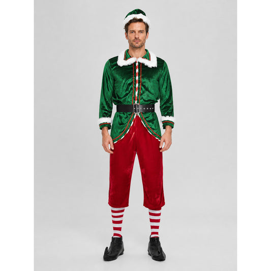 Christmas Elf Costume with White Fur Trim on-model view