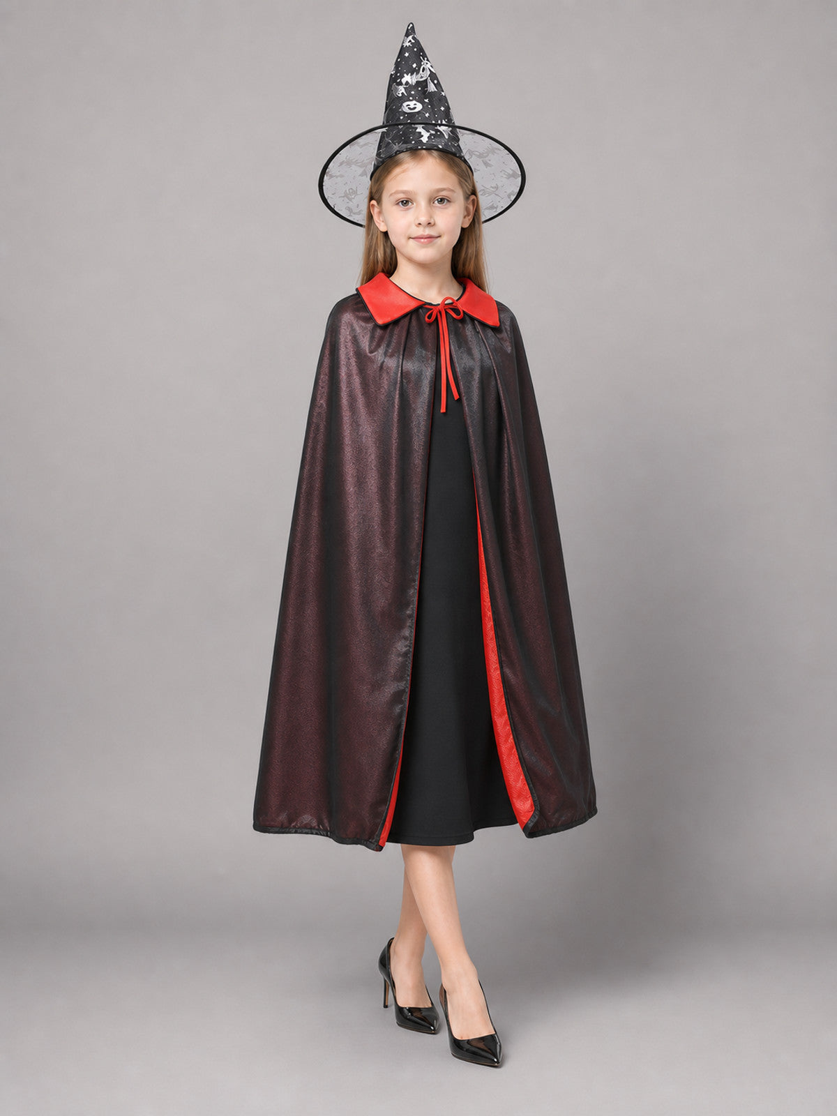 Black and Red Carnival Cloak with Hat and Hook front view