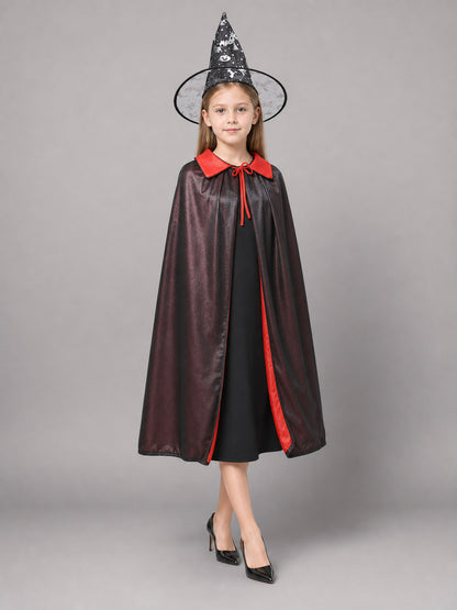 Black and Red Carnival Cloak with Hat and Hook front view