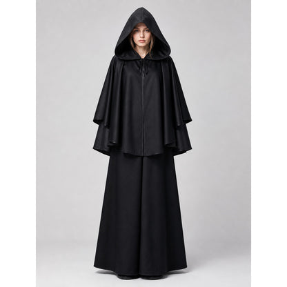 Black Carnival Cloak with Hood and Zipper on-model view
