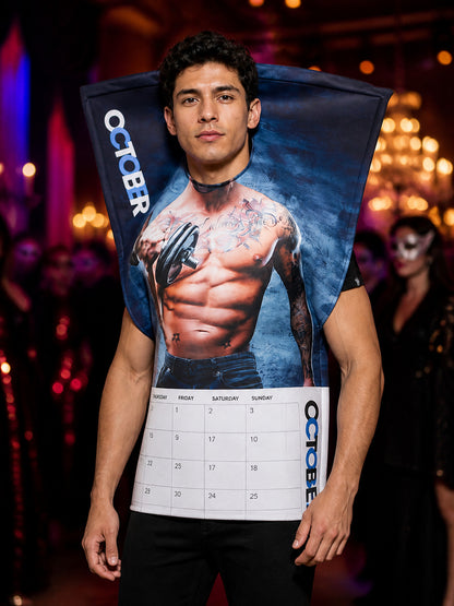 Funny Halloween Human-Shaped Jumpsuit Costume, Muscle Print, October Calendar on-model view