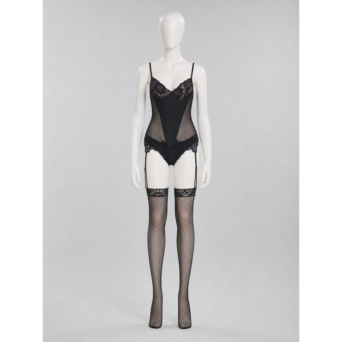 Black Lace and Mesh Bodysuit with Garters