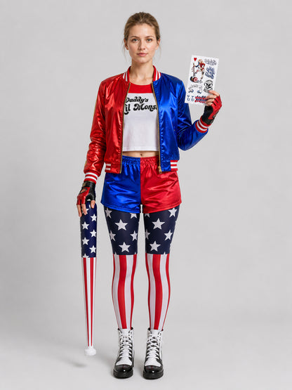 Harley Quinn Cosplay Costume, Jacket, Shorts, Gloves on-model view