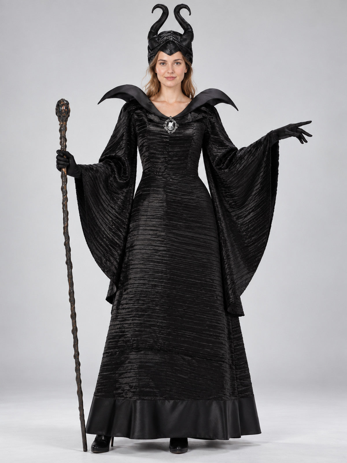 Black Witch Halloween Costume with Horns and Brooch