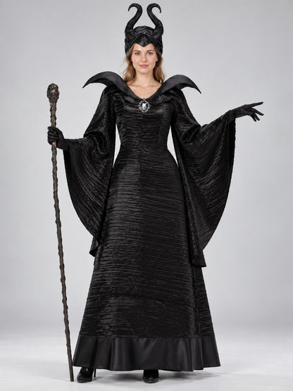 Black Witch Halloween Costume with Horns and Brooch