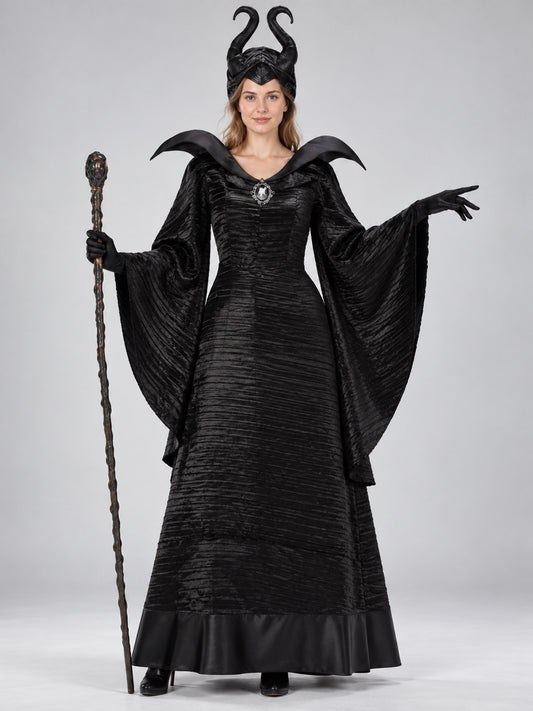 Black Witch Halloween Costume with Horns and Brooch