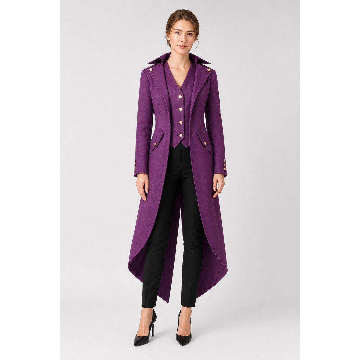 Purple carnival tailcoat with gold buttons on-model view