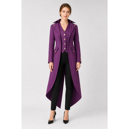 Purple carnival tailcoat with gold buttons on-model view