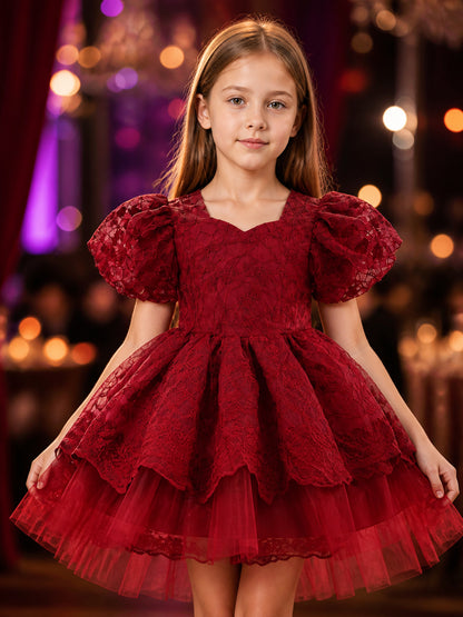 Toddler Girls' Burgundy Princess Dress With Puff Sleeves And Layered Tulle Skirt on-model view