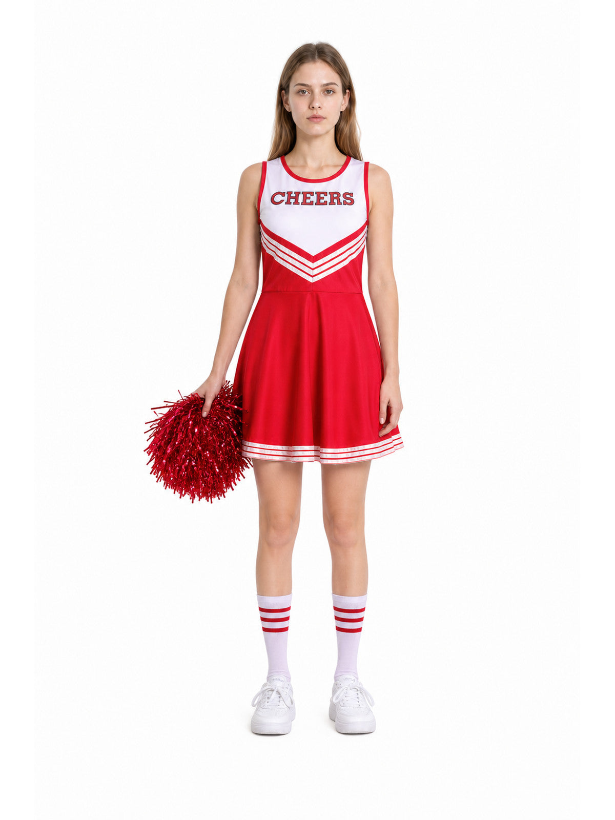 Red Cheerleading Dress with Pom-Poms and Knee-High Socks main product view
