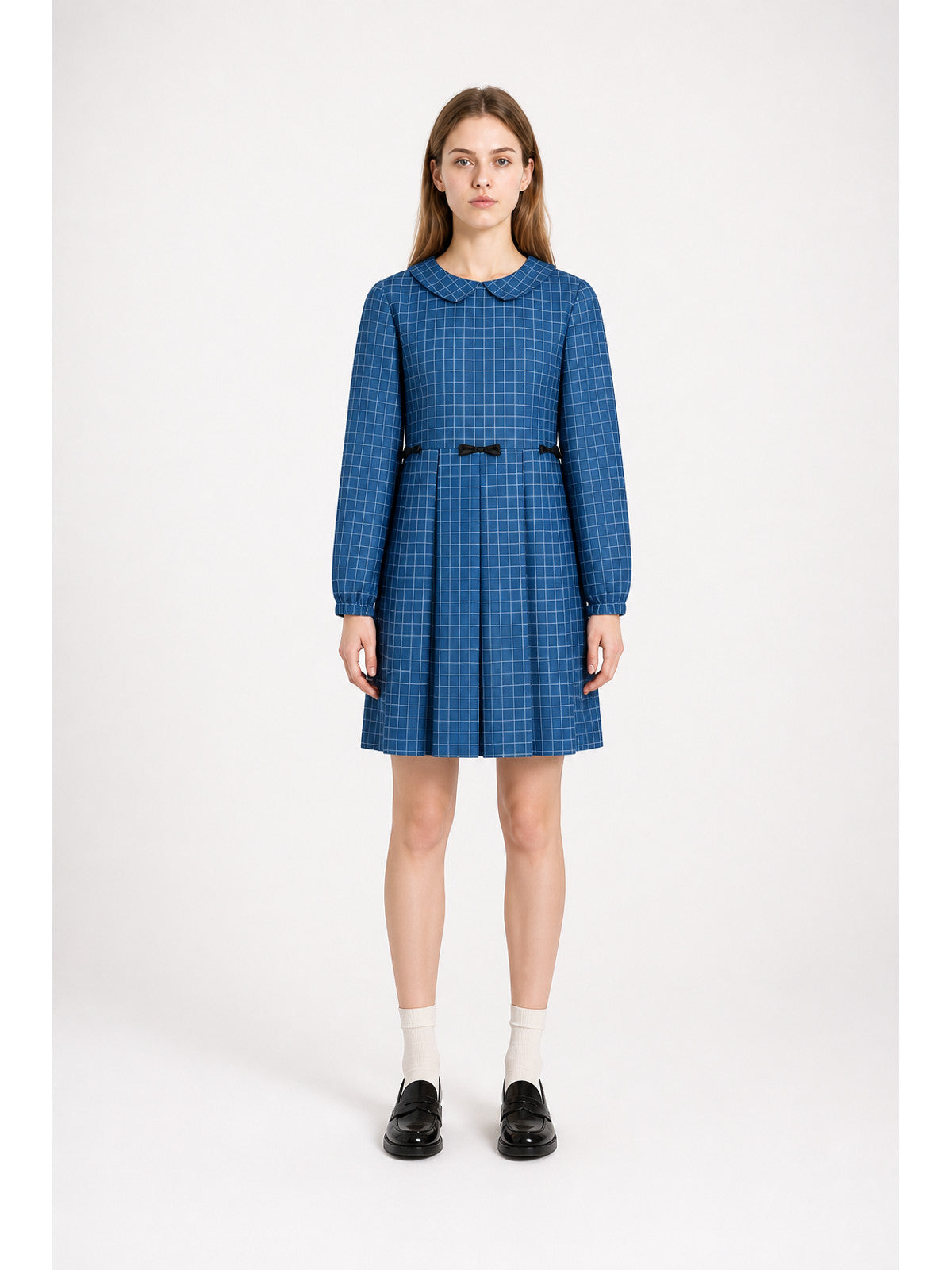 Blue Plaid Dress with Bows and Long Sleeves