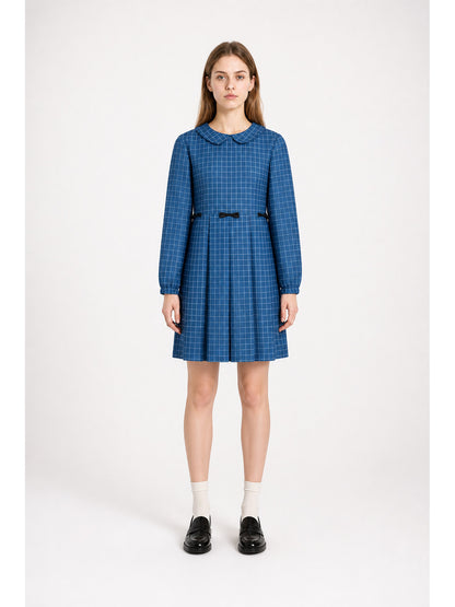 Blue Plaid Dress with Bows and Long Sleeves