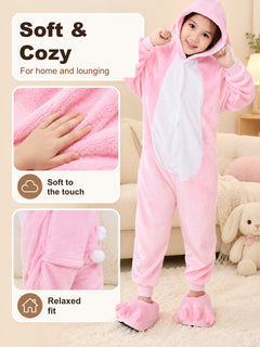 Kids' Pink Hooded Flannel One-Piece Pajama with White Front Panel