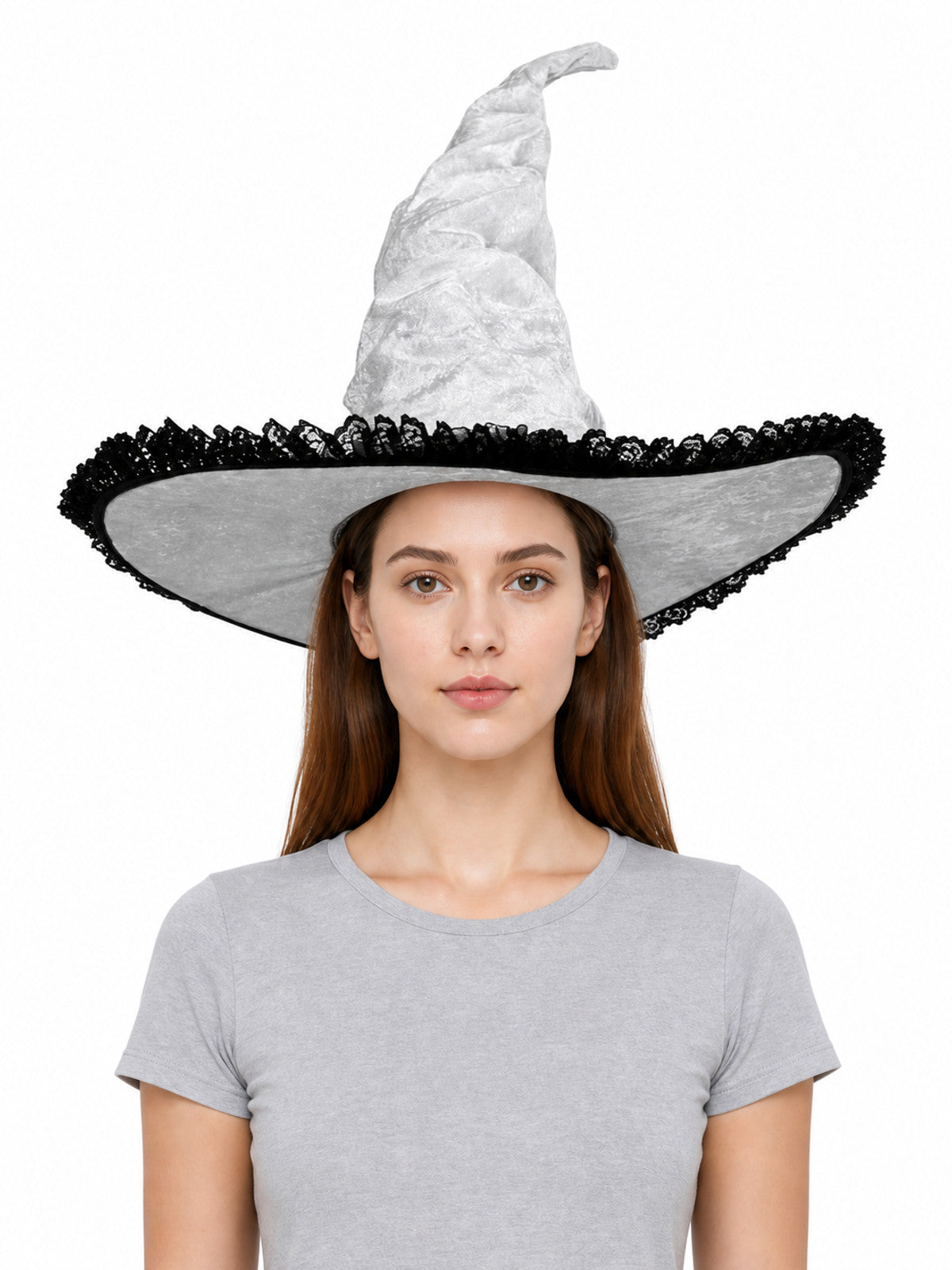 White and Black Witch Hat, Wide Brim Pointed Hat with Lace Trim and Curved front view