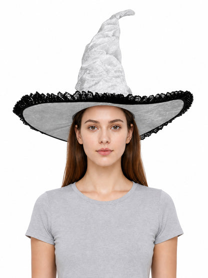 White and Black Witch Hat, Wide Brim Pointed Hat with Lace Trim and Curved front view