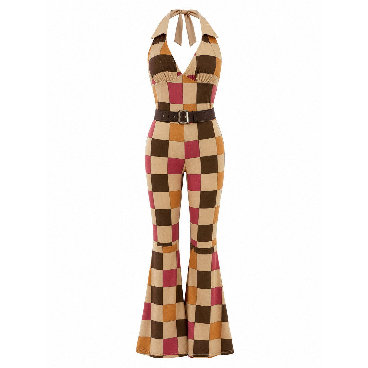 70s Disco-Style Plaid Jumpsuit with Belt